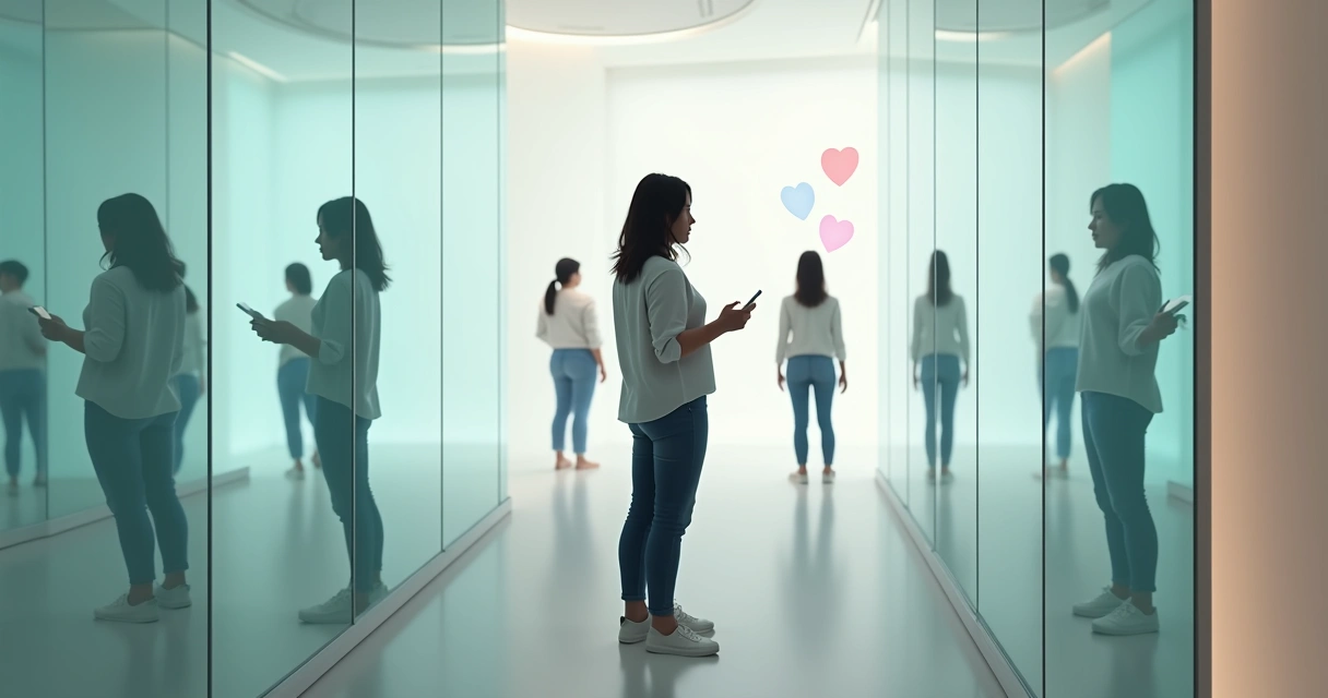 Pessoa em frente a painéis digitais com vários reflexos de si 