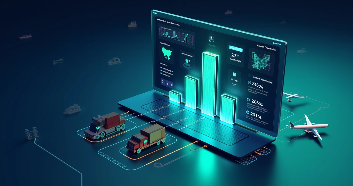 Tela 3D comparando softwares de custos logísticos em um painel digital 