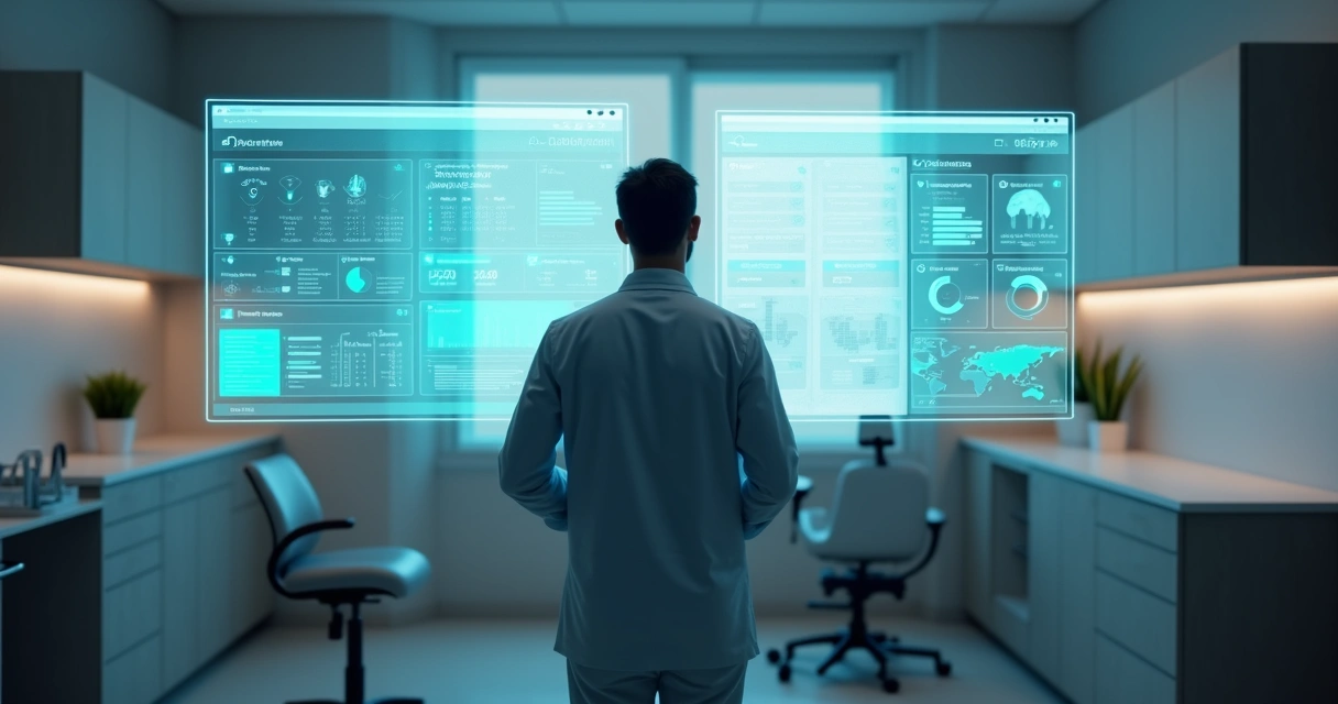 Dentista compara dois painéis de sistemas odontológicos em tela holográfica 