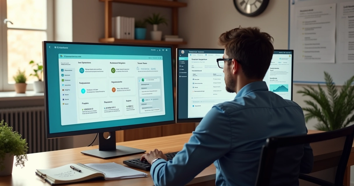 Gestor de PME compara visualmente software de OKR dedicado e módulo de RH em duas telas 