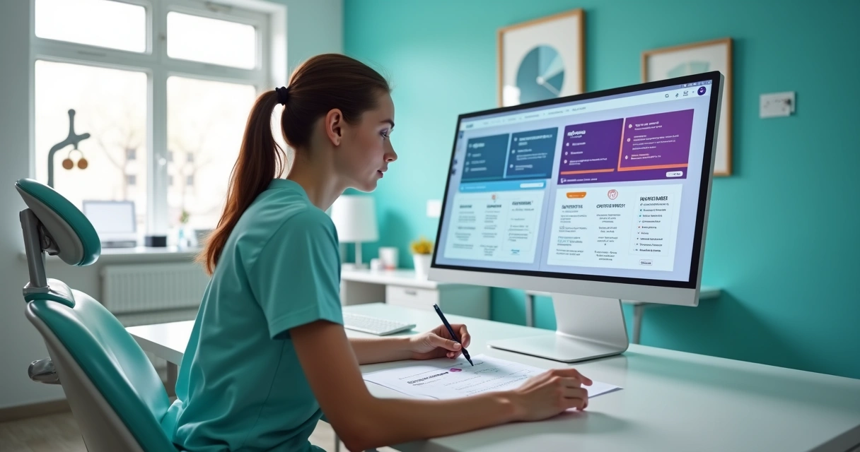 Dentista analisa comparativo de softwares odontológicos em tela dividida 