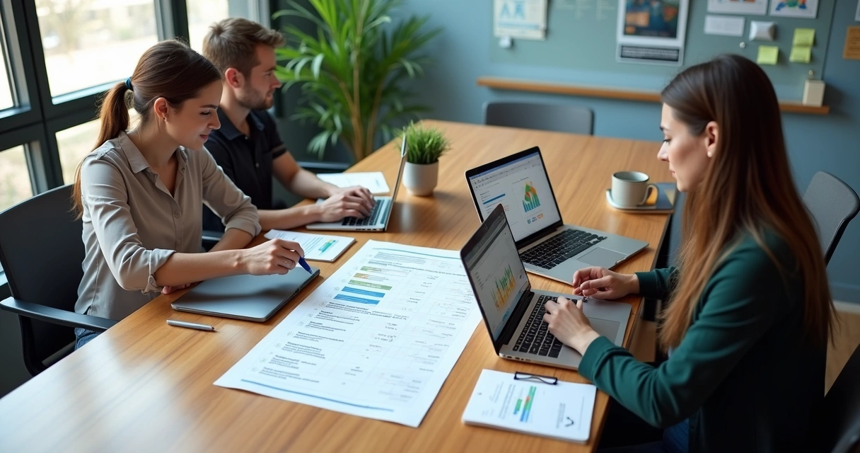 Gestores de PME escolhendo software de OKR em mesa com notebooks e quadro comparativo 
