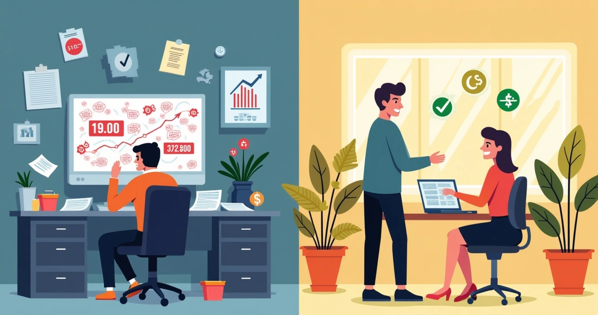 Ilustração contrastando soluções de crédito genéricas e personalizadas, mostrando frustração e satisfação do cliente.