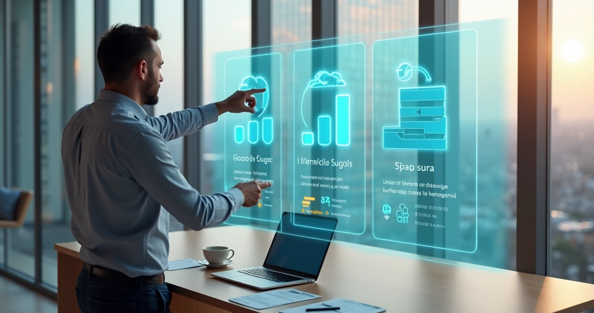 Gestor comparando opções de armazenamento em nuvem em painel com ícones de bucket 