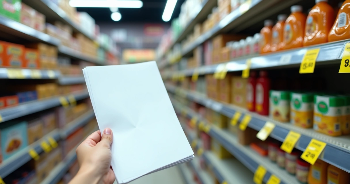 Lista de compras e etiquetas de preço diferentes. 