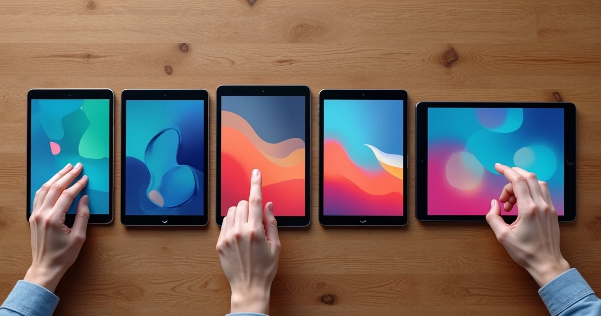 Vários tablets diferentes posicionados lado a lado em mesa de madeira 