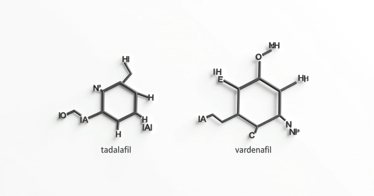 Ilustração comparando a estrutura química da tadalafila e vardenafila em fundo branco 
