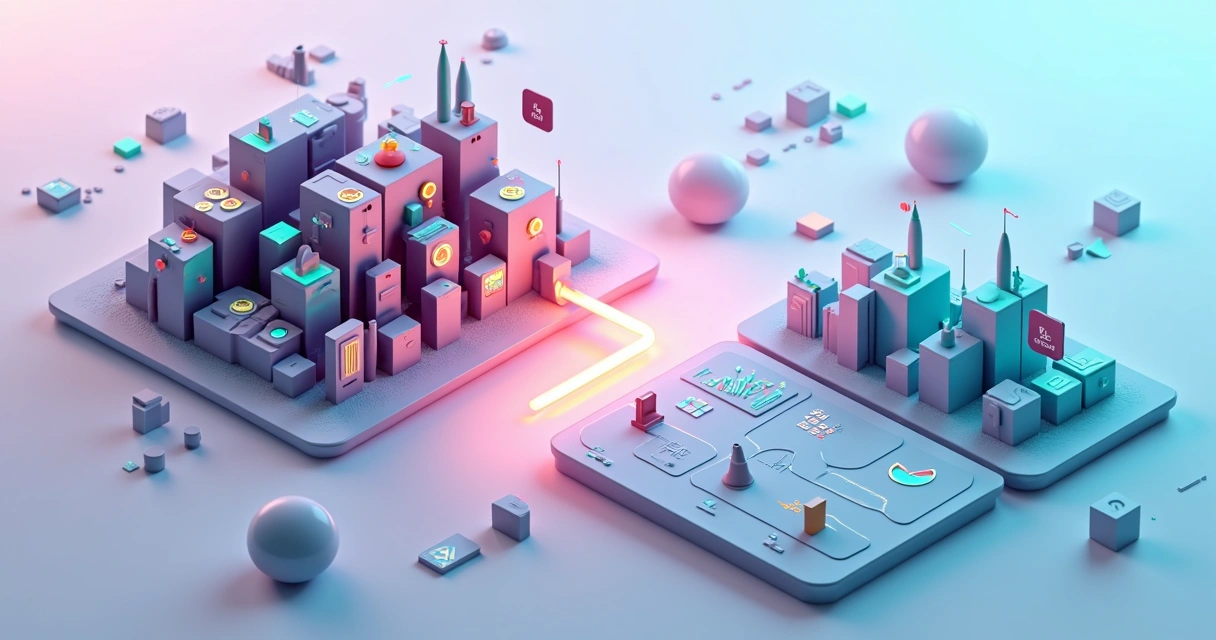 Tabuleiro 3D comparando duas plataformas de gestão com dados e clareza estratégica 