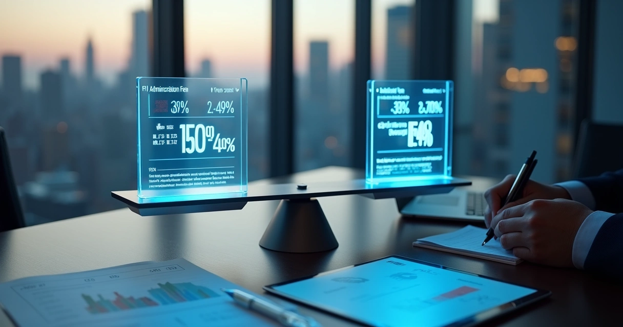 Investidor analisando taxas de FIIs em ficha técnica equilibrada sobre balança de precisão 