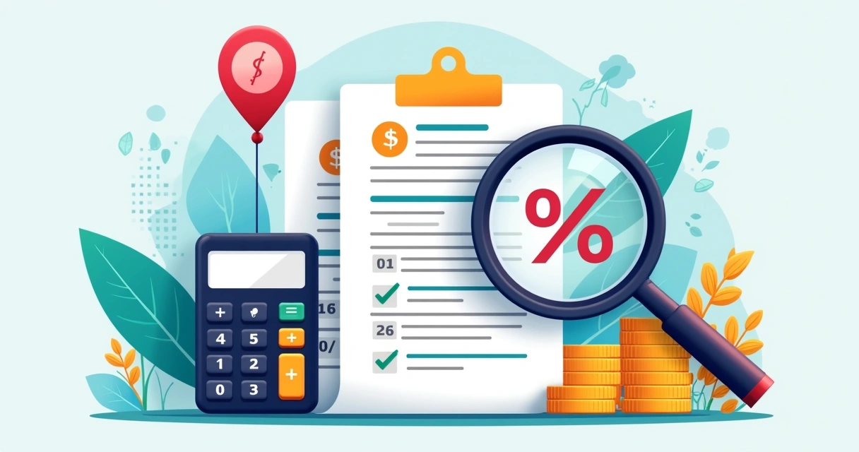 Ilustração de taxas, contratos e transações analisadas com lupa 