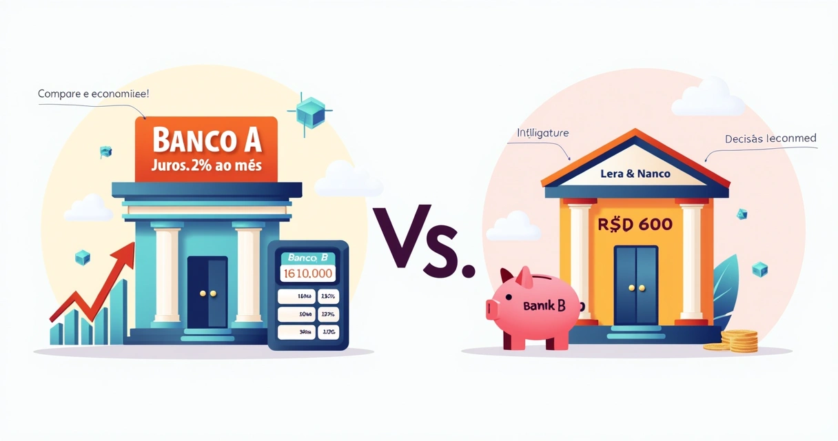 Infográfico comparativo das taxas de juros entre o Banco A e o Banco B, destacando R$ 1.000 e R$ 600 de juros.