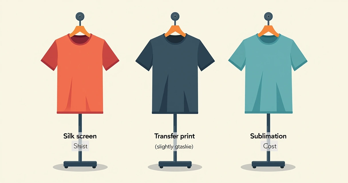 Comparação visual entre silk screen, transfer e sublimação em camisetas 