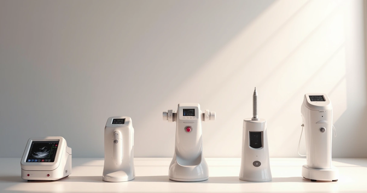 Colagem de diferentes aparelhos de estética facial em fundo claro 