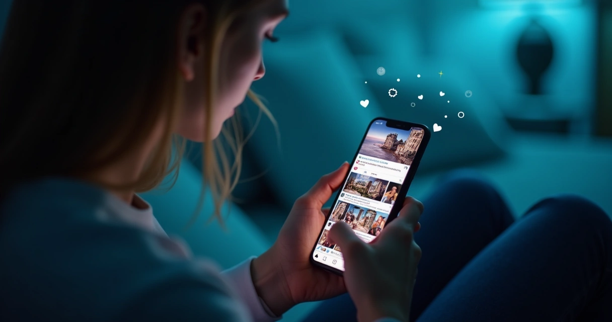 Pessoa olhando celular com reflexos de perfis e métricas
