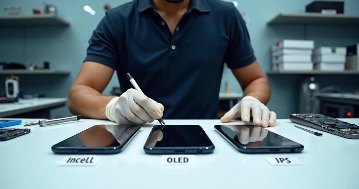 Técnico de assistência analisando três tipos de telas de celular lado a lado em bancada profissional 