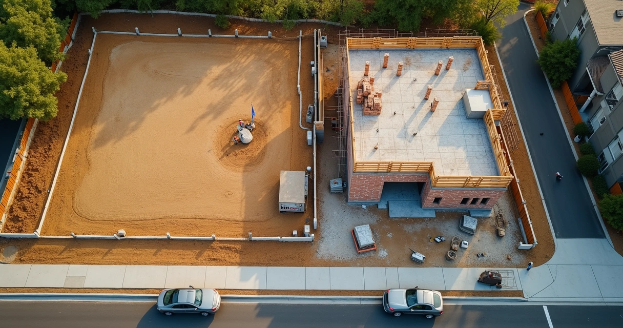Vista aérea dividida mostrando de um lado terreno vazio e do outro casa em construção 