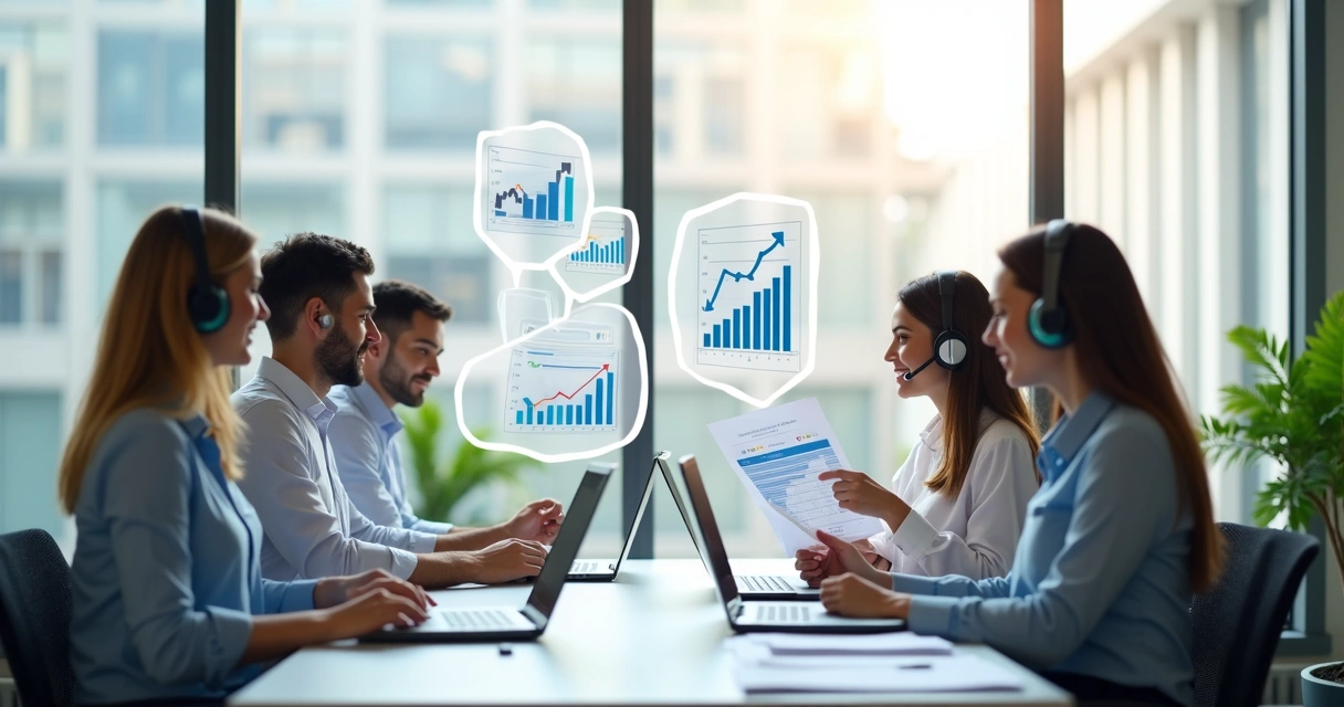 Equipes em escritórios comparando resultados de atendimento 