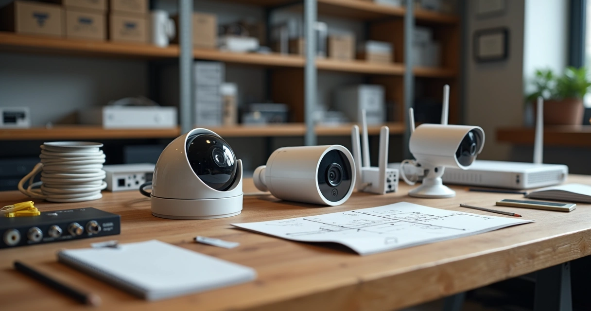 Modelos diferentes de câmeras de segurança comparados em mesa de um instalador 
