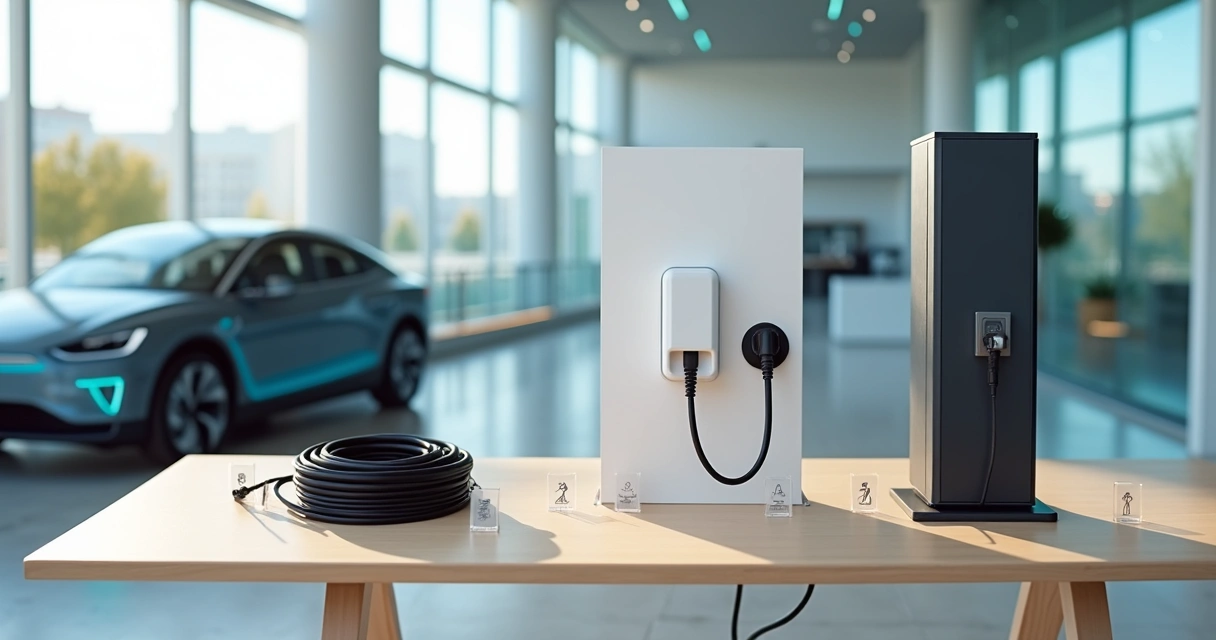 Mesa com diferentes tipos de carregador de carro elétrico lado a lado 