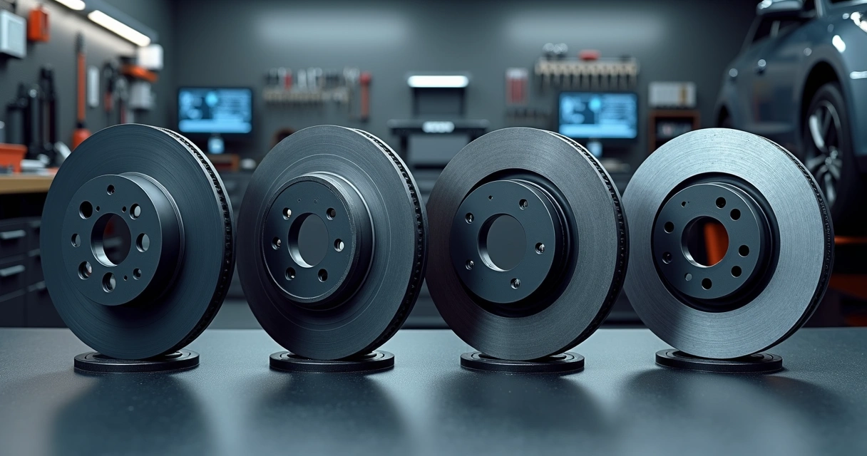 Quatro tipos de disco de freio alinhados em bancada automotiva iluminada 