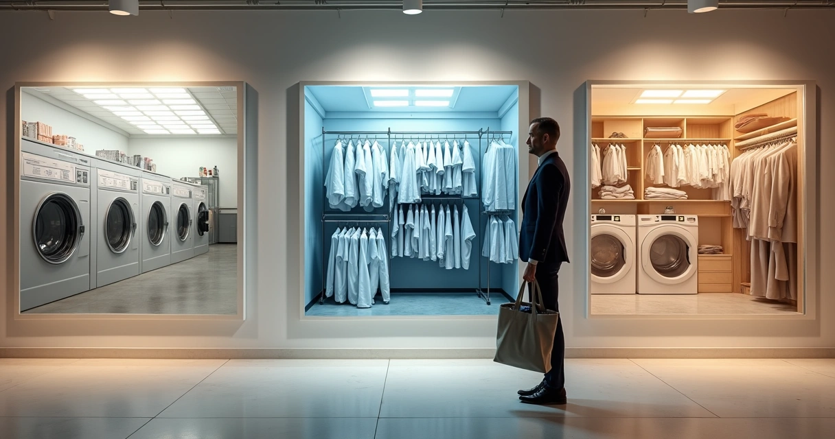 Cliente observando quadros com diferentes tipos de lavanderia lado a lado 