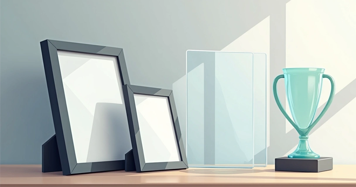 Comparação entre placa de prata, troféu e placa de vidro em uma mesa corporativa 