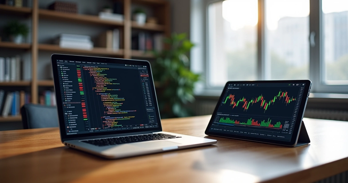 Mesa com laptop aberto mostrando códigos de programação e gráfico financeiro ao lado de tablet com dashboard de estratégias prontas 