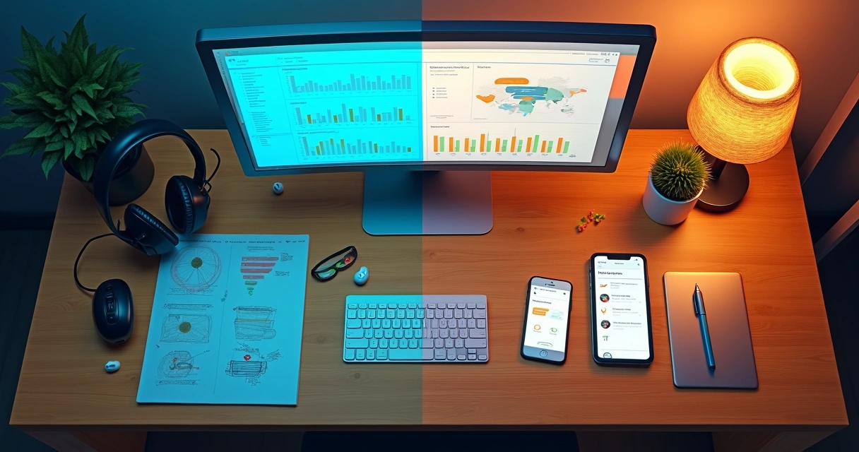 Visão aérea de mesa dividida comparando visitante mobile e desktop 