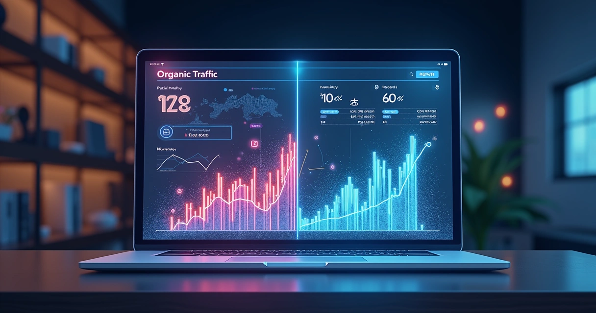 Comparação visual entre tráfego pago e tráfego orgânico com gráficos e ícones digitais 