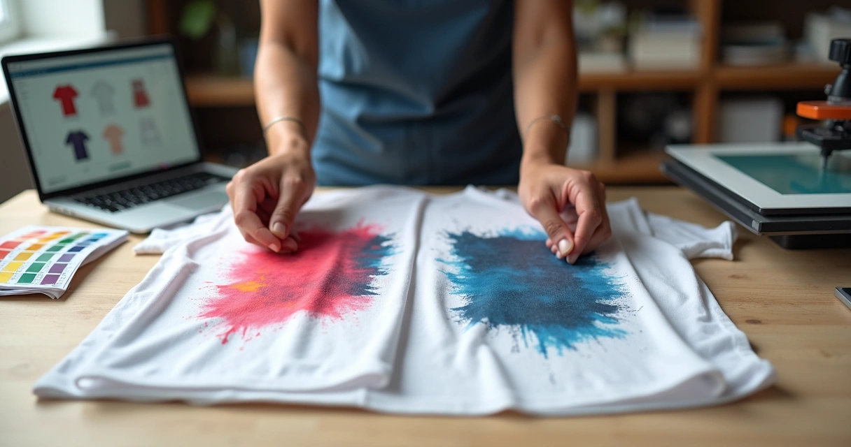 Designer analisa amostras de estampa de transfer digital e serigrafia lado a lado em mesa de trabalho 