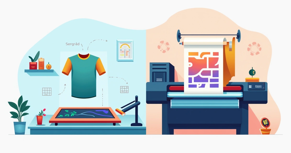 Divisão ilustrada entre estampa em serigrafia e estampa em transfer digital 