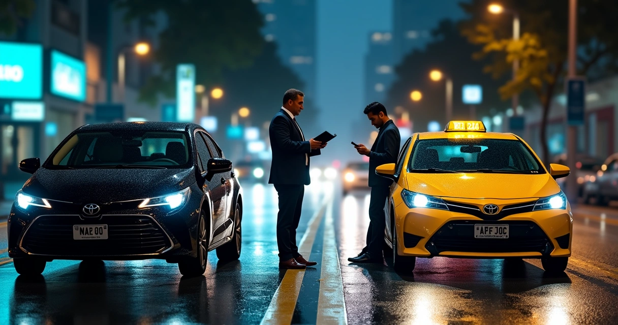 Motorista executivo de terno ao lado de sedã preto ao lado de táxi comum amarelo em avenida noturna 