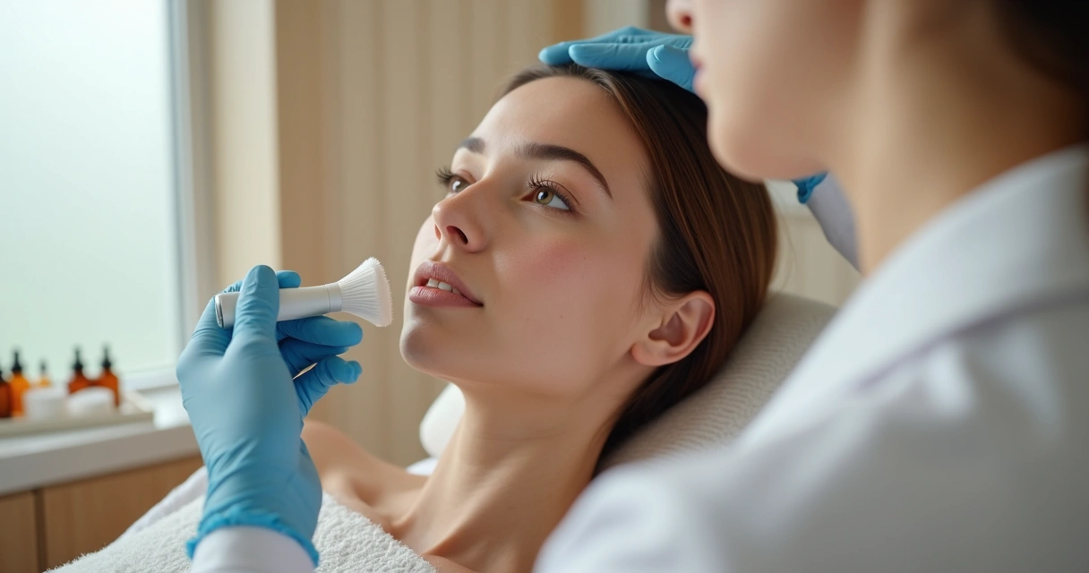 Montagem comparando procedimentos de pele no rosto em ambiente de clínica dermatológica moderna 