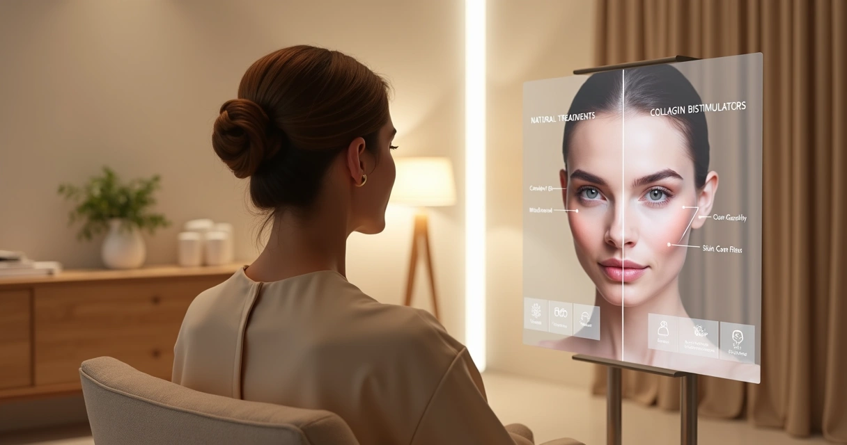 Mulher de pele madura observando comparação de pele natural e tratada em tela holográfica 