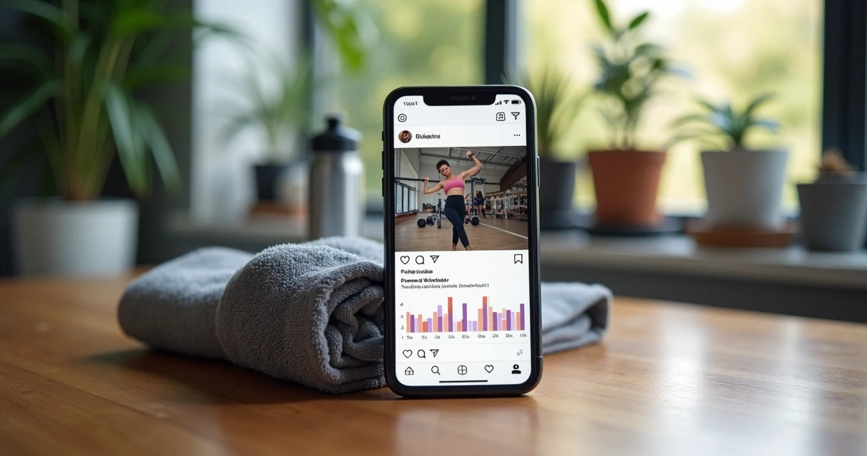 Celular mostrando app de treino lado a lado com rede social exibindo vídeo de exercício 