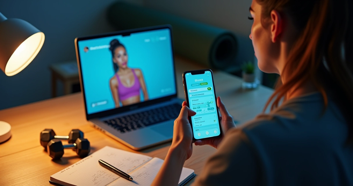 Pessoa analisando treino de rede social e plano personalizado de musculação na tela do celular 