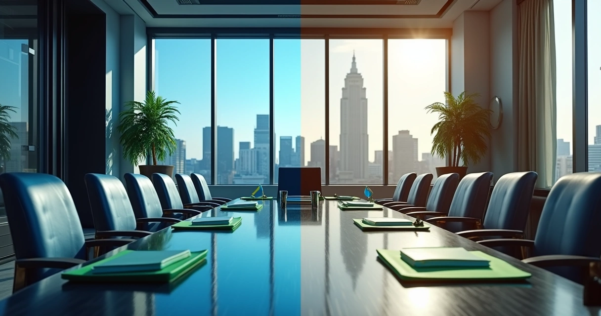 Comparação visual entre uma sala de reunião luxuosa em um país estrangeiro e uma mesa de escritório simples no Brasil 