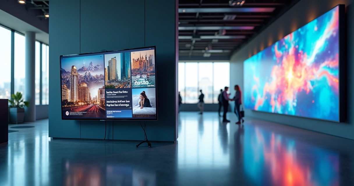 Tela de TV indoor e painel LED lado a lado exibindo conteúdos diferentes 