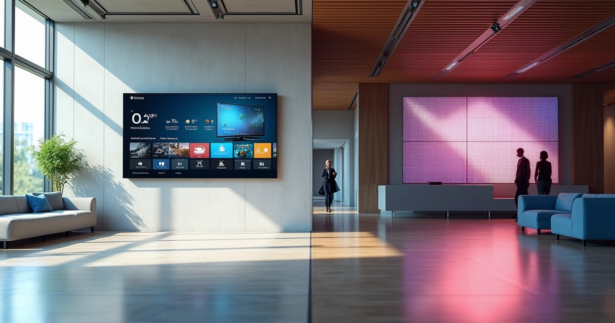 Comparação visual entre tela de TV indoor e painel de LED em um ambiente corporativo 