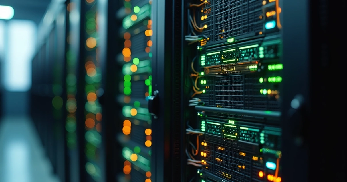 Dois servidores lado a lado, um rotulado UTM e outro NGFW, cabos e painéis digitais comparando recursos 