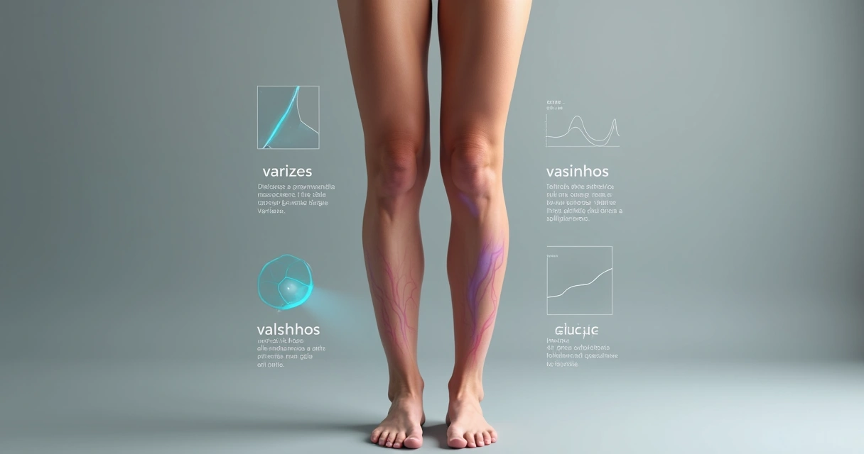 Comparação visual de perna com varizes e perna com vasinhos destacados em ilustração médica sobreposta. 