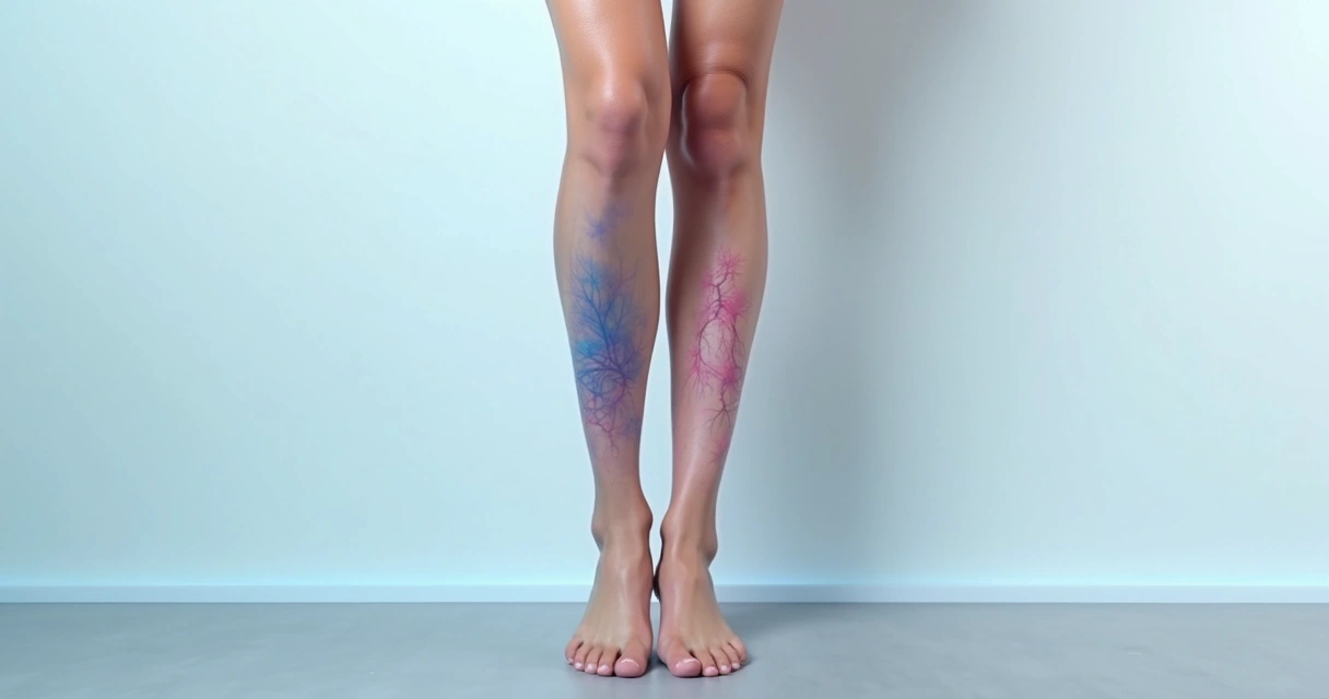 Close-up de duas pernas femininas com comparação visual entre varizes e vasinhos nas coxas e panturrilhas 