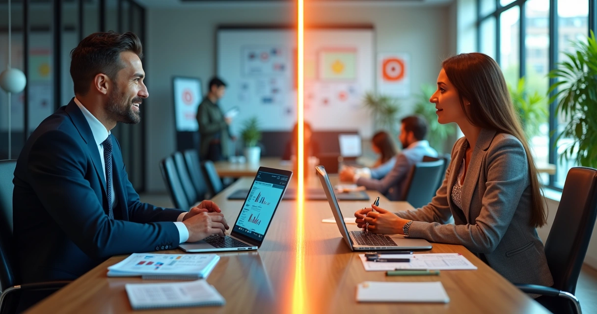 Vendedor em reunião comparando venda consultiva e venda tradicional em quadro dividido 