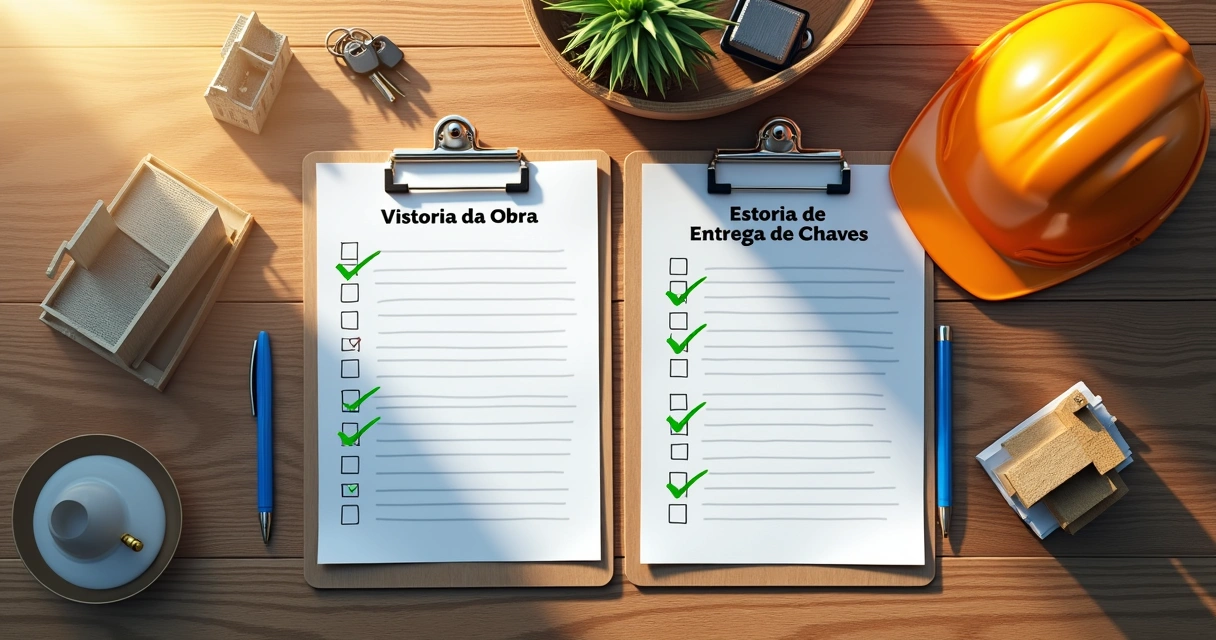 Duas listas de verificação lado a lado para vistoria de obra e de chaves 