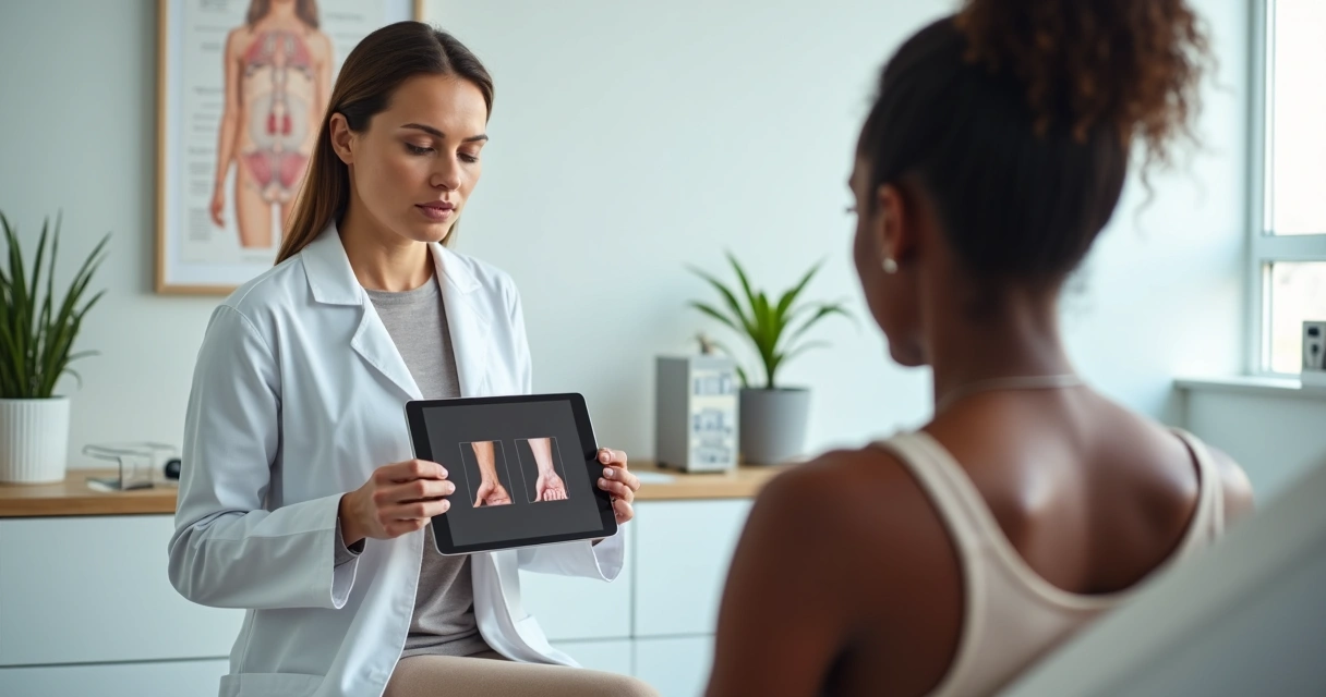 Dermatologista mostrando em tablet comparação de manchas de vitiligo e pitiríase versicolor 