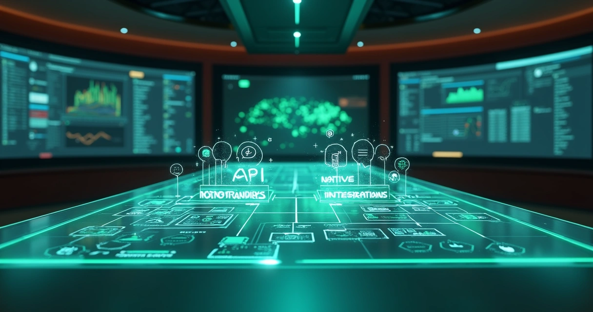 Comparação conceitual entre WhatsApp API e integrações nativas em painel digital futurista 