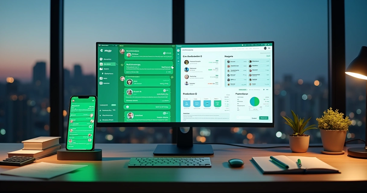 Metade tela de WhatsApp e metade painel de CRM imobiliário em fundo de skyline urbano 