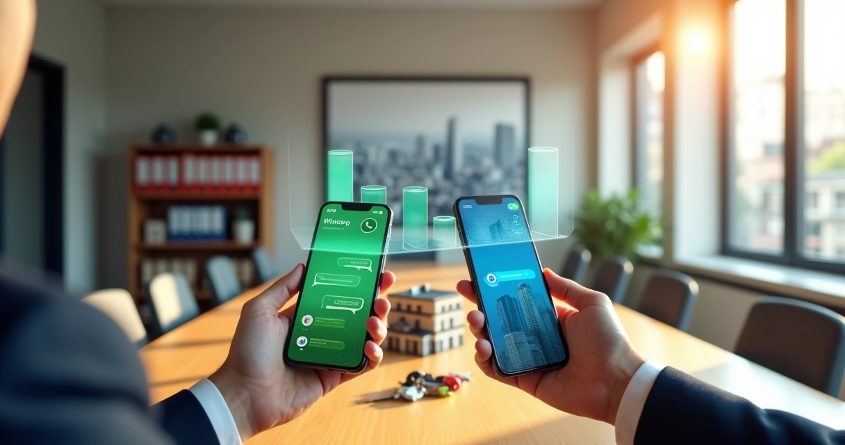 Corretor comparando WhatsApp e Messenger para atendimento imobiliário em mesa com maquete de prédio 