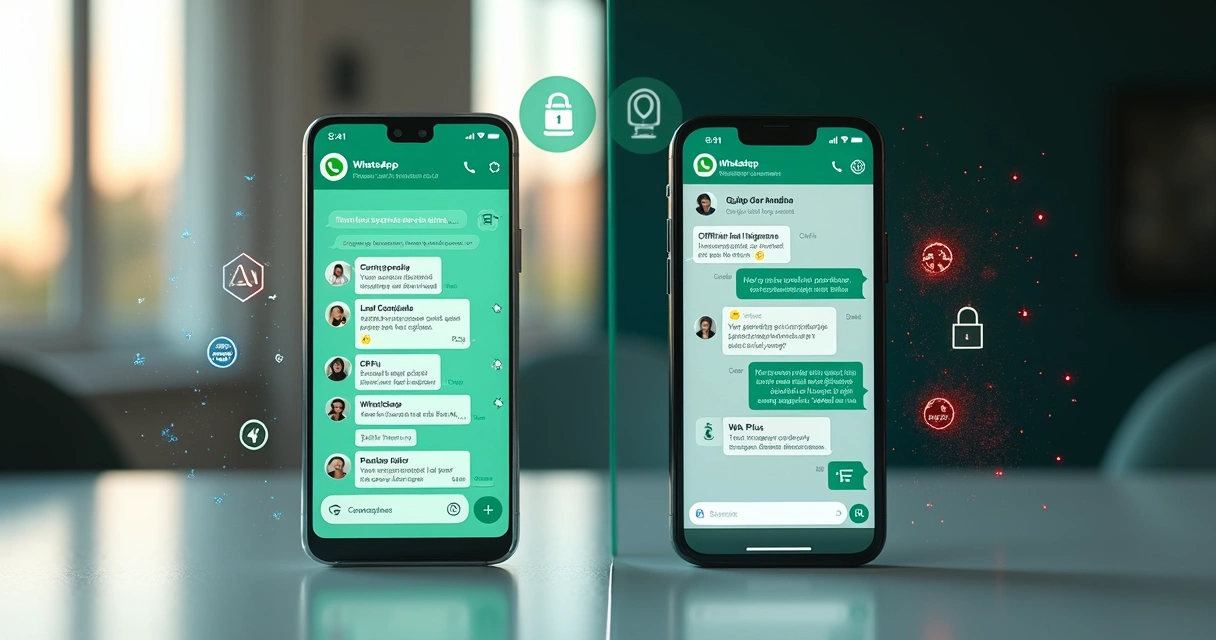 Comparação visual entre WhatsApp oficial seguro e aplicativo paralelo WA Plus 