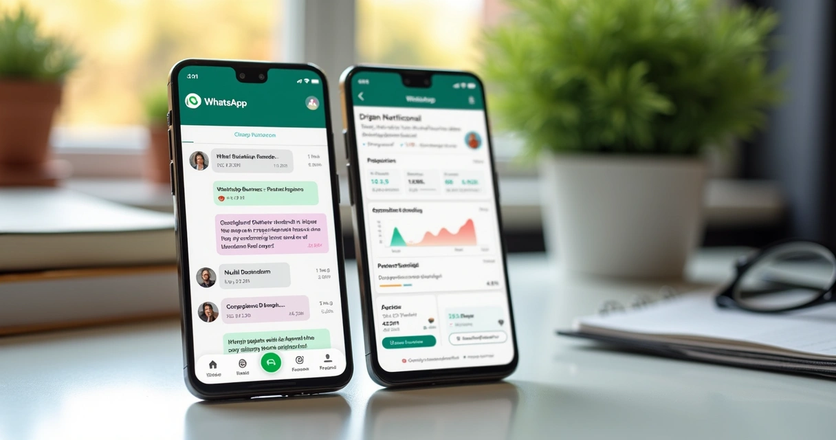 Tela de celular mostrando comparação entre WhatsApp Business e plataforma para nutricionistas, com gráficos e mensagens organizadas